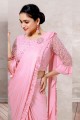 Lycra Embroidered Pink Saree with Blouse