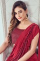 Lycra Embroidered Red Saree with Blouse