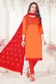 Traditional Orange Satin Cotton Churidar Suit