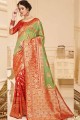 Green & Red Linen Silk  saree
