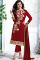 Maroon Chanderi and cotton Straight Pant Suit