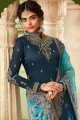 Steel blue Georgette and satin Straight Pant Suit