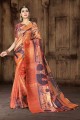 Orange Tusser art silk  Saree