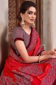 Ethinc Red Georgette and silk Saree