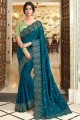 Embroidered border Saree in Teal blue