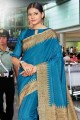 Cotton and manipuri Saree in Blue