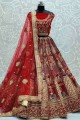 Embroidered Velvet Lehenga Choli in Cornell red with Dupatta