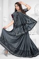 Cotton poly Embroidered Shuttle grey Saree with Blouse
