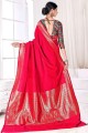 Jacquard and silk Pink red South Indian Diwali Saree in Weaving