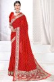 Weaving Jacquard and silk Light red South Indian Diwali Saree with Blouse