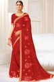 Embroidered Georgette Cornell red Saree with Blouse