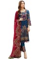 Faux georgette Palazzo Suit with Embroidered in Deep sea blue