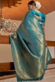 Raw silk Teal blue South Indian Saree in Weaving