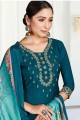 Teal blue Salwar Kameez with Embroidered Cotton