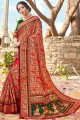 Thread South Indian Saree in Red Satin and silk