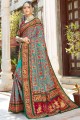 Satin and silk South Indian Saree with Thread in Turquoise