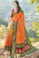 Satin and silk Thread Orange South Indian Saree with Blouse