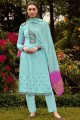Cotton Blue Salwar Kameez in Embroidered
