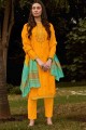 Embroidered Cotton Salwar Kameez in Yellow with Dupatta