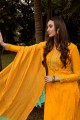 Embroidered Cotton Salwar Kameez in Yellow with Dupatta