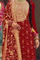 Faux georgette Palazzo Suit in Red with Embroidered