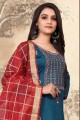 Teal blue Salwar Kameez with Embroidered glass Cotton