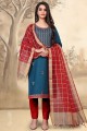 Teal blue Salwar Kameez with Embroidered glass Cotton