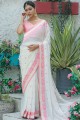 Stone,thread,embroidered Art silk Party Wear Saree in White with Blouse
