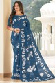 Printed Cotton Saree in Rust blue with Blouse