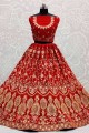 Embroidered Velvet Bridal Lehenga Choli in Red