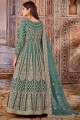 Net Anarkali Suit in Green with Embroidered