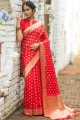 Red Cotton and silk Saree with Weaving