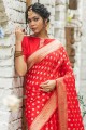 Red Cotton and silk Saree with Weaving
