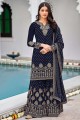 Faux georgette Embroidered Blue Palazzo Suit with Dupatta