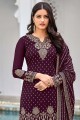 Faux georgette Purple Palazzo Suit in Embroidered