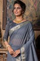 Linen and silk Grey Saree in Weaving