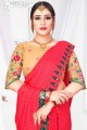 Embroidered,printed Chiffon Red Saree with Blouse