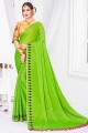 Parrot  Embroidered,printed Chiffon Saree
