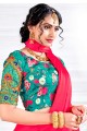 Satin georgette Saree with Embroidered,printed in Red