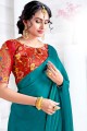 Teal Satin georgette Saree with Embroidered,printed