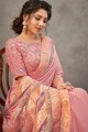 Peach Satin and silk Saree with Resham,embroidered