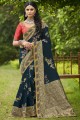 Tissue and organza Navy blue Saree in Embroidered,weaving