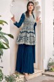Georgette and viscose Teal blue Sharara Suit in Embroidered