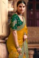 Yellow Resham,embroidered Satin georgette South Indian Saree