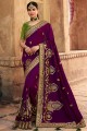 Wine  Resham,embroidered South Indian Saree in Satin georgette