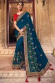 Resham,embroidered Satin georgette Teal blue South Indian Saree with Blouse