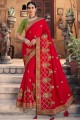 Satin georgette South Indian Saree in Red with Resham,embroidered