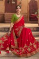 Satin georgette South Indian Saree in Red with Resham,embroidered
