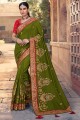 Resham,embroidered South Indian Saree in Mehendi  Satin georgette