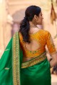South Indian Saree in Green Satin georgette with Resham,embroidered